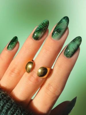 Dark Green Floral Nails