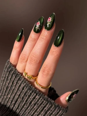 Dark Green Florals Nails