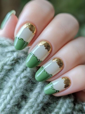 Dark Green and Gold with Negative Space Nails