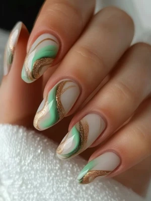 Green and Gold Swirl Nails
