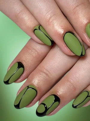 Matte Dark Green Nails with Minimalist Art