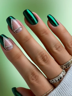 Midnight Green Nails with Silver Chrome