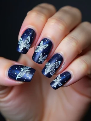 Navy Butterfly Accents Nails