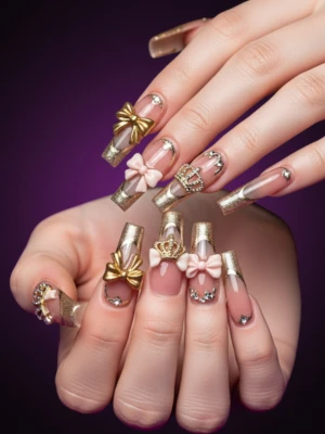 Acrylic Nails with Crown and Bow Theme