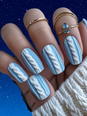 Baby Blue Nails with White Cable Knit Texture