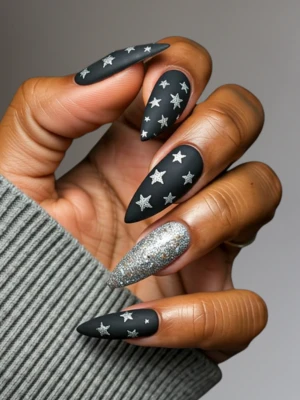 Black Tips Nails with Silver Stars