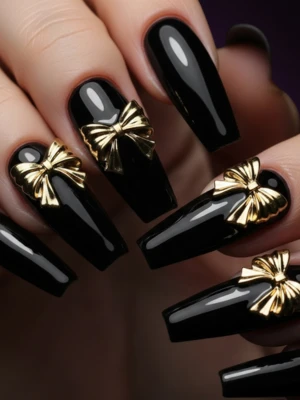 Black and Gold Bow Nail Art Combo