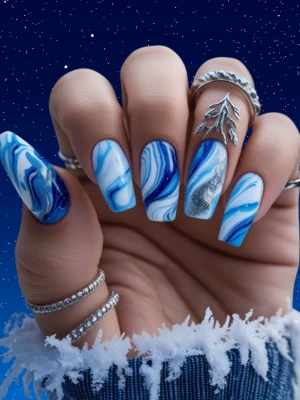 Blue Winter Nail designs with Frozen Marble Design