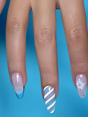 Blue Winter Nails with Tiny Snowmen Art