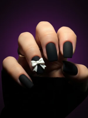 Bow Accent Nail on Matte Black Polish