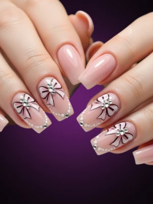 Bow Design Nail Art with Rhinestone Center