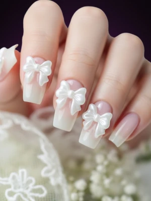 Bow Nail Art Designs for Brides in Ivory