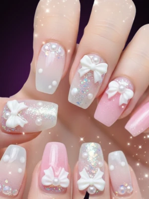 Bow Nail Art with Pearls and Glitter Dust