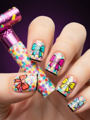 Bow Nail Designs with Confetti Base