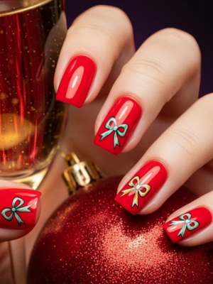 Classic Red Nails with Ribbon Bow Design