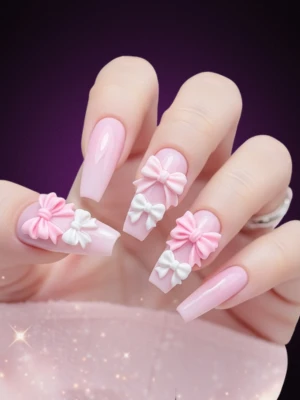 Coffin Nails with 3D Pink and White Bows