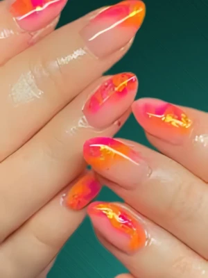 Color-Blocked Pink and Orange Nails