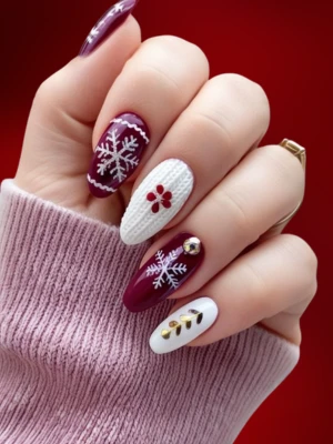 Cozy Sweater Texture in Red and White Nails