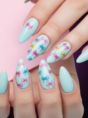 Cute Bow Stickers on Almond Nails