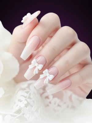 Elegant Long Nails with Bridal Bow Accents