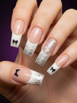 Glitter French Tips with Black Bow Art