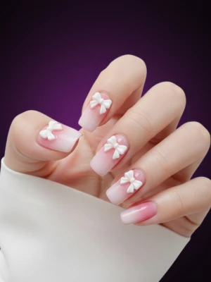Glossy Baby Pink Nails with 3D White Bows