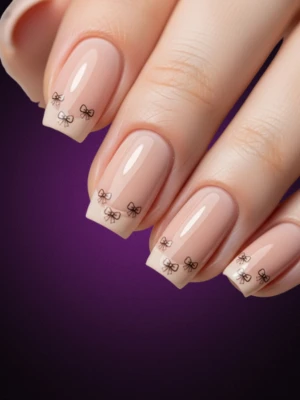 Glossy Nude Nails with Micro Bow Decals