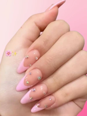 Glossy Pink French with Rhinestones