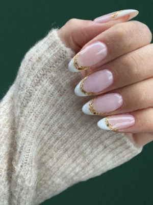 Glossy White French Tips with Gold Flakes