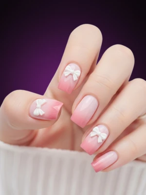 Gradient Nails with Tiny White Bow Details