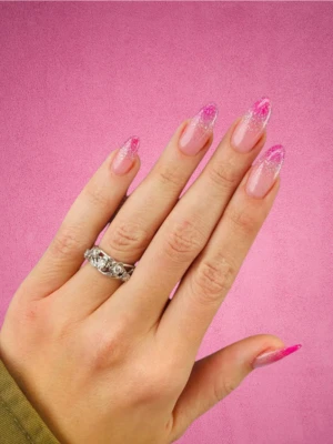 Half pink glitter nails, half natural pink