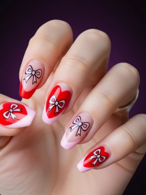 Heart-Shaped Tips with Bow Nail Art