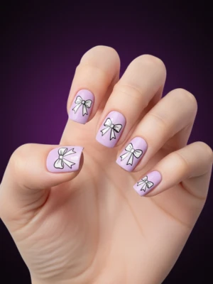 Light Lavender Nails with Line Art Bows