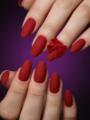 Matte Red Nails with Velvet Bow Accent