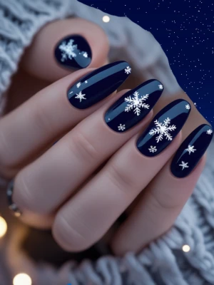 Midnight Blue Winter Nails with Snowflake Accents