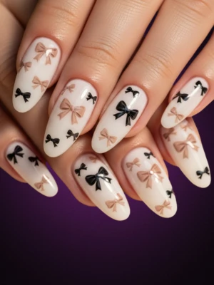 Milky White Nails with Hand-Painted Bows