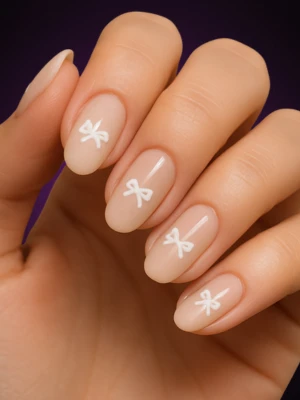 Nude Nails with Tiny White Bow Decals