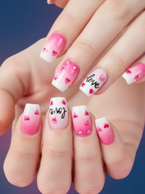 Ombre French nails  with Heart and Love Motifs
