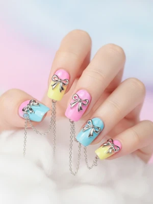 Pastel Nails with Tiny Bow Nail Chains
