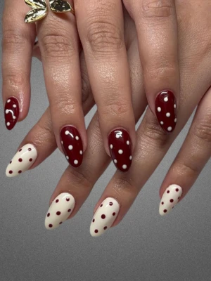 Red French Tip Design with Playful Dots