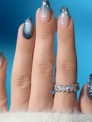 Royal Blue Winter Nails with Silver Snow Glitter