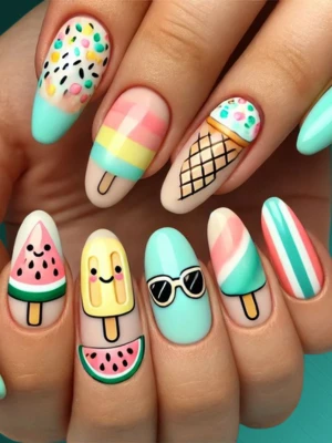 Short Nails with Summer Popsicle Art