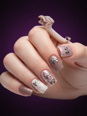 Short Square Nails with Metallic Bow Stickers