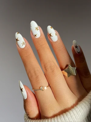 Starry Nail Art on White Tip Nails