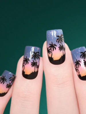 Tropical Sunset Nails with Palm Trees