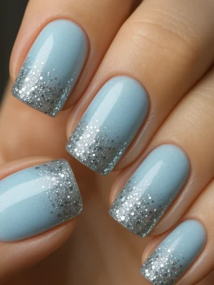 Winter Ice Blue Nails with Glitter Tips