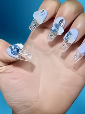Winter Wonderland Blue Nail Art with Rhinestones