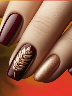 Minimalist Maroon and Gold Combo for Short Simple fall nails