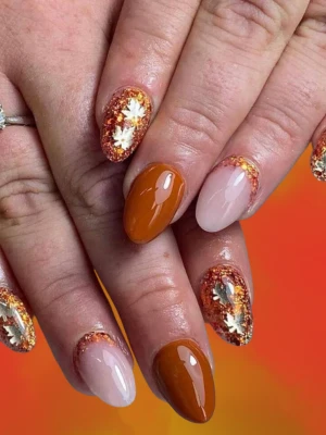 Beige Nails with Abstract Orange Shapes for short simple fall nails