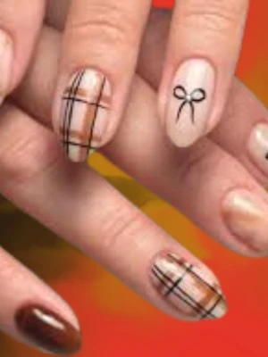 Neutral Nail art ideas for fall with Checkered Accent